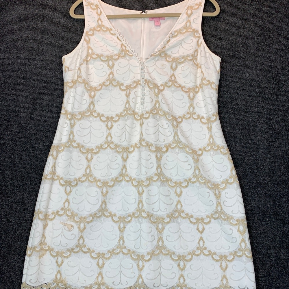 Lilly Pulitzer Shift Dress 12 Gold Lace Metallic Nadine Resort Preppy Cocktail
